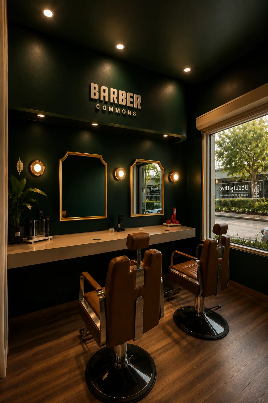 The green interior, mirrors and barber chairs at Barber Commons